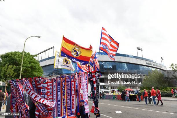 Fans arrive at the stadium prior to the UEFA Champions League Semi Final second leg match between Club Atletico de Madrid and Real Madrid CF at...