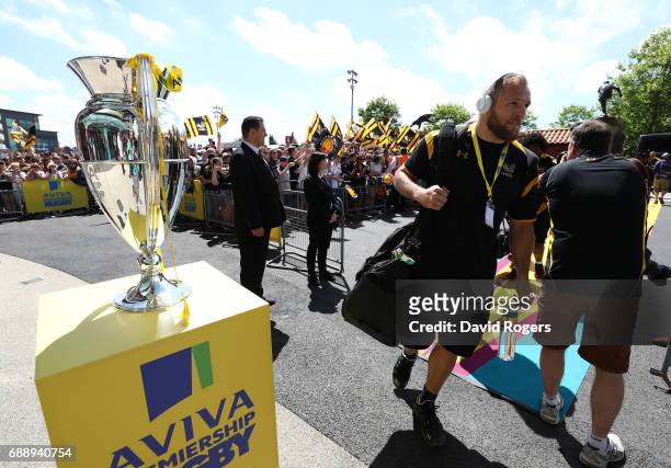 James Haskell of Wasps arrives at the stadium prior to the Aviva Premiership Final between Wasps and Exeter Chiefs at Twickenham Stadium on May 27,...