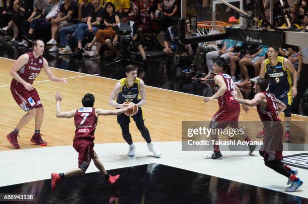 Ryan Rossiter of the Tochigi Brex handles the ball during the B. League final match between Kawasaki Brave Thunders and Tochigi Brex at Yoyogi...