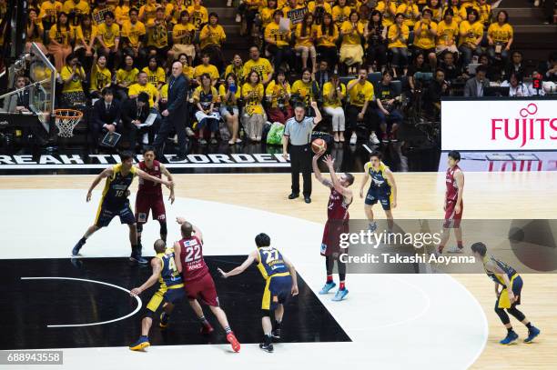 Ryan Spangler of the Kawasaki Brave Thunders shoots a free throw during the B. League final match between Kawasaki Brave Thunders and Tochigi Brex at...