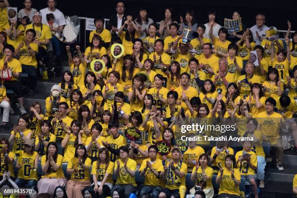 Fans of the Tochigi Brex cheer during the B. League final match between Kawasaki Brave Thunders and Tochigi Brex at Yoyogi National Gymnasium on May...