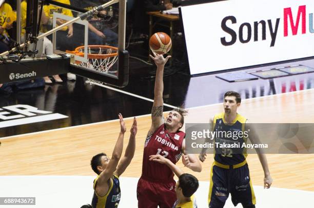 Ryan Spangler of the Kawasaki Brave Thunders lays the ball up during the B. League final match between Kawasaki Brave Thunders and Tochigi Brex at...