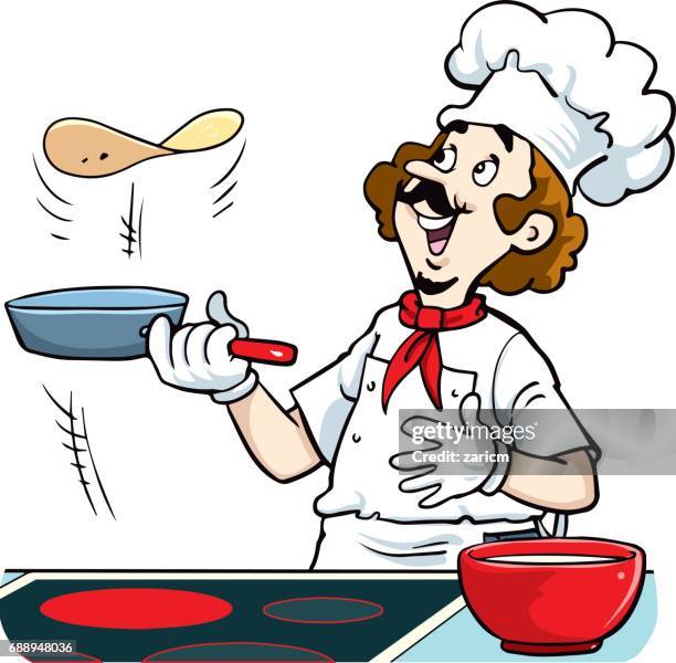 cook prepares pancakes - making pancakes stock illustrations