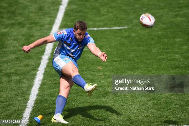 Lewis Charnock of Barrow Raiders takes a conversion during the Rugby League 1 Cup Final match between Barrow Raiders and North Wales at Bloomfield...