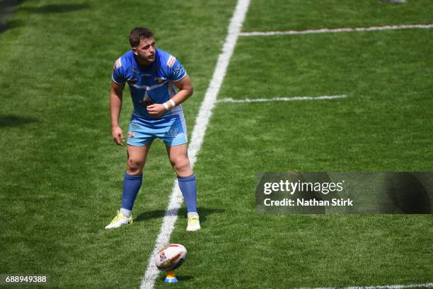 Lewis Charnock of Barrow Raiders prepares for a conversion during the Rugby League 1 Cup Final match between Barrow Raiders and North Wales at...