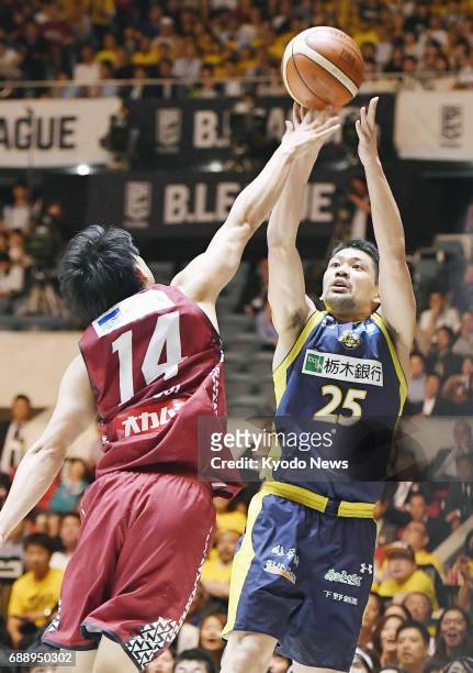Takatoshi Furukawa shoots during the third quarter of the Tochigi Brex's 85-79 win over the Kawasaki Brave Thunders in the one-game final of the...