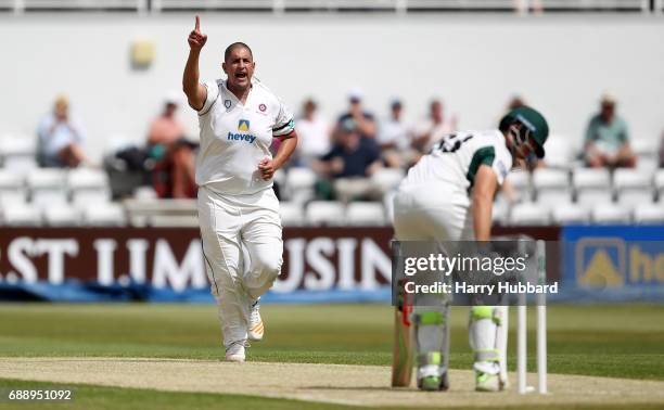 Rory Kleinveldt of Northamptonshire celebrates the wicket of Joe Clarke of Worcestershire during the Specsavers County Championship division two...