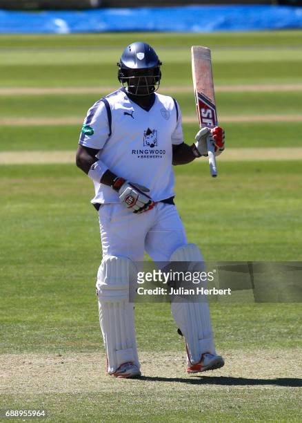 Michael Carberry of Hampshire acknowledges his half century during Day Two of The Specsavers County Championship Division One match between Somerset...