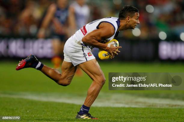 Danyle Pearce of the Dockers in action during the 2017 AFL round 10 match between the Adelaide Crows and the Fremantle Dockers at the Adelaide Oval...