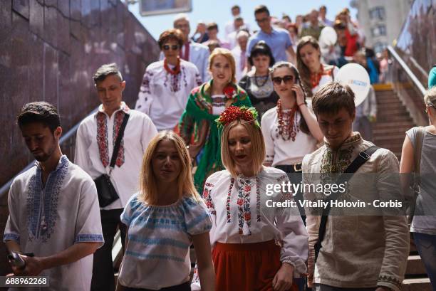 Ukrainians dressed in vyshyvankas with traditional embroideries attend the 'March in vyshyvankas' in downtown on May 28, 2017 in Kiev, Ukraine.