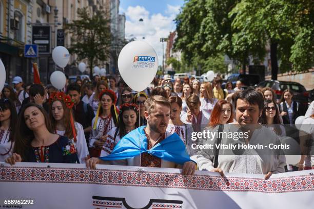 Ukrainians dressed in vyshyvankas with traditional embroideries attend the 'March in vyshyvankas' in downtown on May 28, 2017 in Kiev, Ukraine.