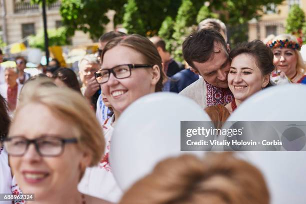 Ukrainians dressed in vyshyvankas with traditional embroideries attend the 'March in vyshyvankas' in downtown on May 28, 2017 in Kiev, Ukraine.