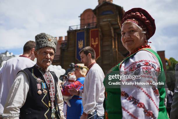 Ukrainians dressed in vyshyvankas with traditional embroideries attend the 'March in vyshyvankas' in downtown on May 28, 2017 in Kiev, Ukraine.