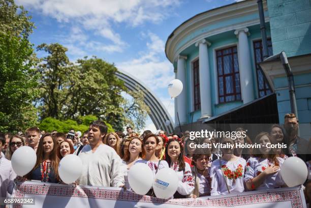 Ukrainians dressed in vyshyvankas with traditional embroideries attend the 'March in vyshyvankas' in downtown on May 28, 2017 in Kiev, Ukraine.