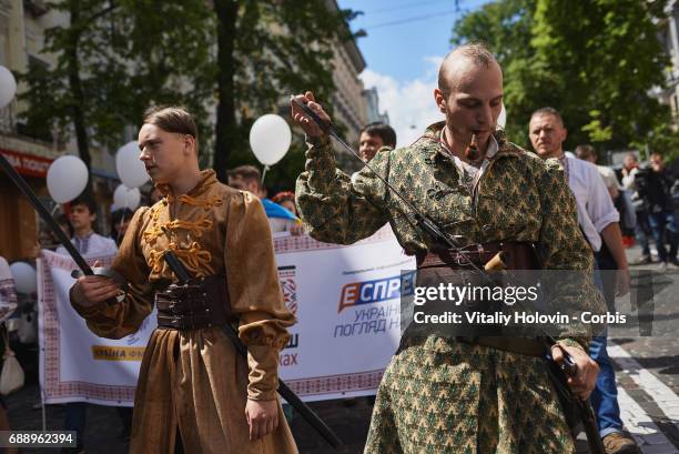 Ukrainians dressed in vyshyvankas with traditional embroideries attend the 'March in vyshyvankas' in downtown on May 28, 2017 in Kiev, Ukraine.