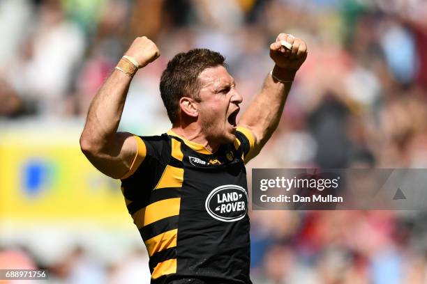 Jimmy Gopperth of Wasps celebrates scoring his sides first try during the Aviva Premiership Final between Wasps and Exeter Chiefs at Twickenham...