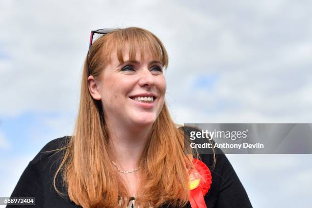 Shadow Secretary of State for Education Angela Rayner looks on as Lord John Prescott delivers a stump speech at Ashton United Football Club on May...