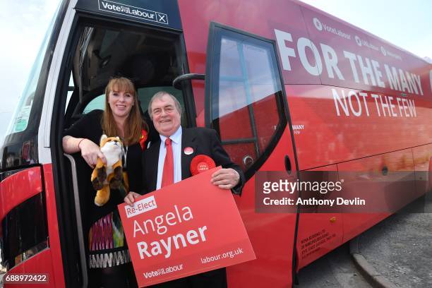 Shadow Secretary of State for Education Angela Rayner and Lord John Prescott pose on the campaign bus after giving a stump speech at Ashton United...