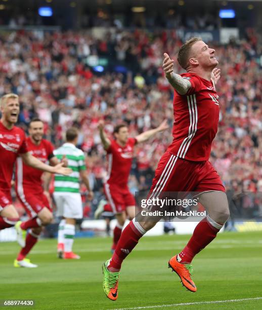 Jonny Hayes of Aberdeen celebrates after he scores the opening goal during the William Hill Scottish Cup Final between Celtic and Aberdeen at Hampden...