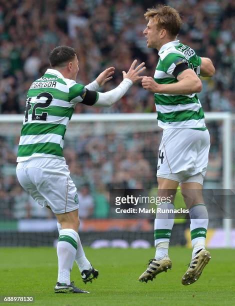 Stuart Armstrong , of Celtic celebrates scoring a goal early in the first half with team mate Callum McGregor during the William Hill Scottish Cup...