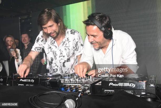 Busy P aka Pedro Winter and DJ Laurent Garnier perform during the Villa Schweppes Party during the 70th annual Cannes Film Festival at on May 26,...