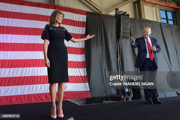 President Donald Trump and US First Lady Melania Trump address US military personnel and families at Naval Air Station Sigonella after G7 summit of...