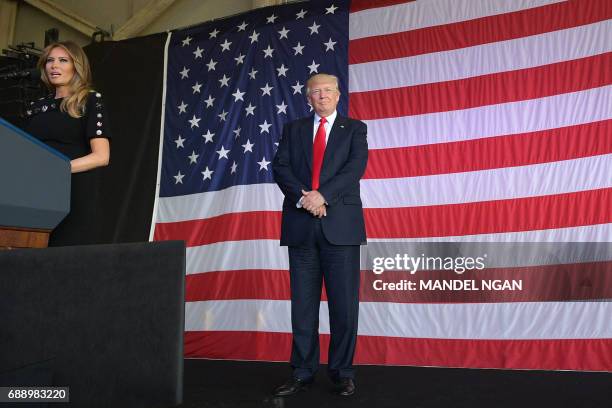 President Donald Trump and US First Lady Melania Trump address US military personnel and families at Naval Air Station Sigonella after G7 summit of...