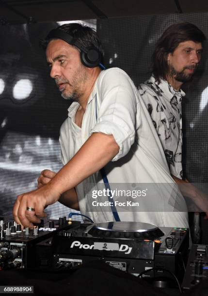 Busy P aka Pedro Winter and DJ Laurent Garnier perform together during the Villa Schweppes Party during the 70th annual Cannes Film Festival at on...