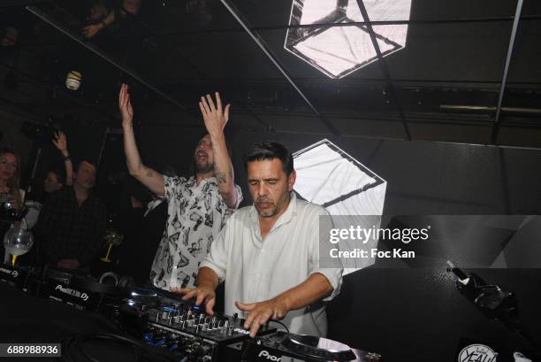 Busy P aka Pedro Winter and DJ Laurent Garnier perform together during the Villa Schweppes Party during the 70th annual Cannes Film Festival at on...