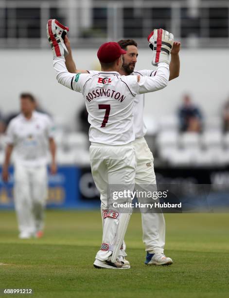 Ben Sanderson of Northamptonshire celebrates the wicket of Tom Kohler-Cadmore of Worcestershire during the Specsavers County Championship division...