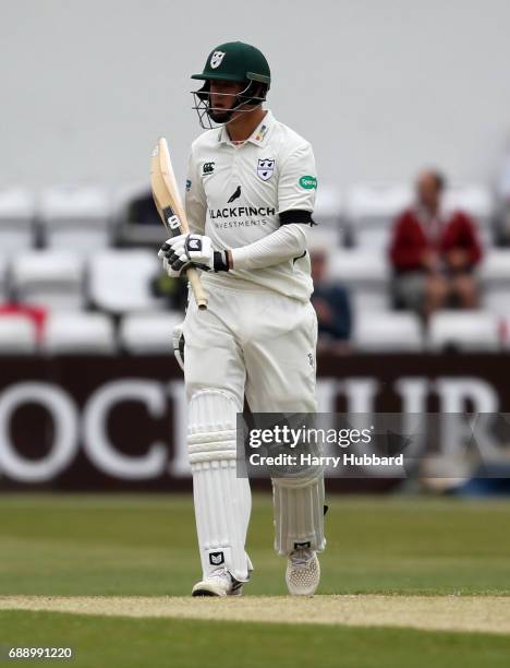 Tom Kohler-Cadmore of Worcestershire celebrates his half century during the Specsavers County Championship division two match between...