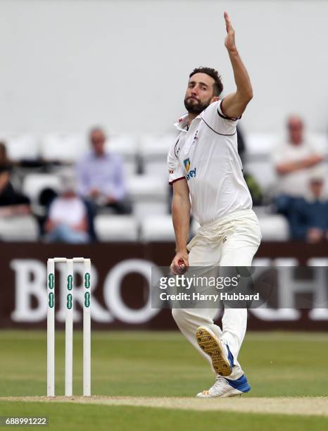 Ben Sanderson of Northamptonshire bowls during the Specsavers County Championship division two match between Northamptonshire and Worcestershire at...