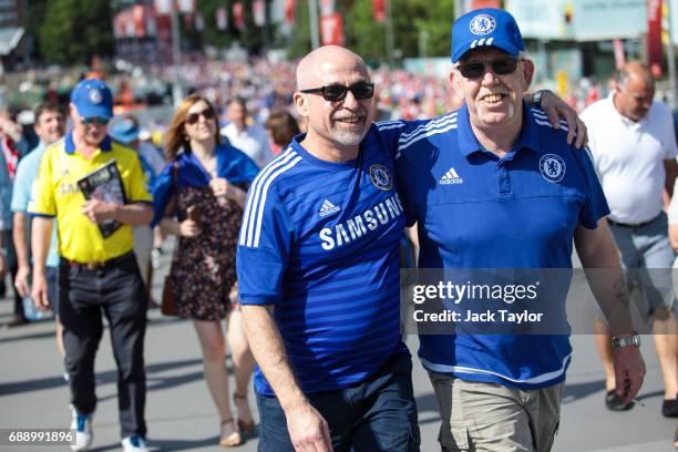 Football fans make their way to Wembley Stadium ahead of the FA Cup final on May 27, 2017 in London, England. Football fans will watch Arsenal play...