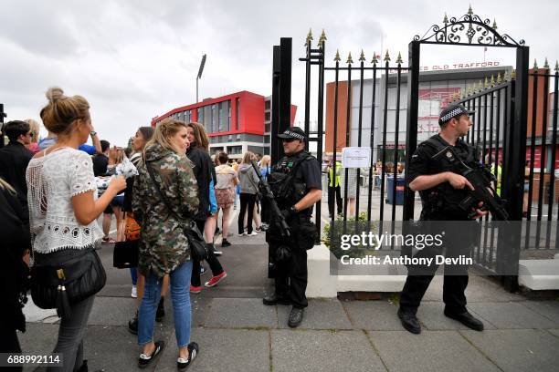 Armed police patrol around Old Trafford Cricket Ground ahead of a Courteeners concert this evening on May 27, 2017 in Manchester, England. Security...