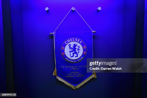 The Chelsea football pennant is seen hanging in the Chelsea changing room prior to the Emirates FA Cup Final between Arsenal and Chelsea at Wembley...