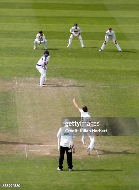 Jamie Overton of Somerset bowls to Sean Ervine of Hampshire during Day Two of The Specsavers County Championship Division One match between Somerset...