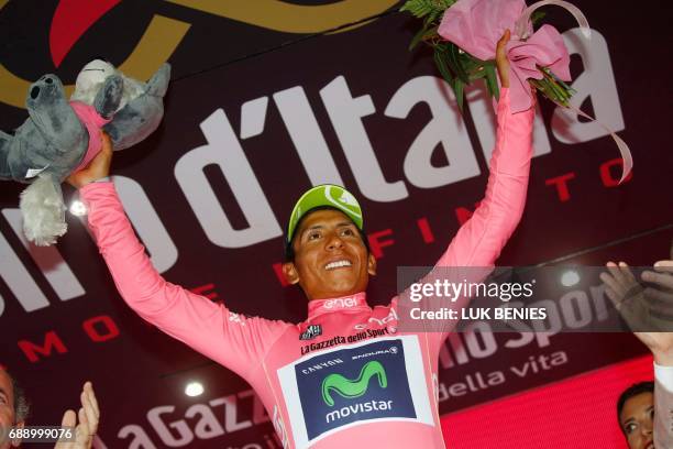 Colombian cyclist Nairo Quintana of Movistar Team celebrates his overall leader pink jersey after the 20th stage of 100th Giro d'Italia, Tour of...