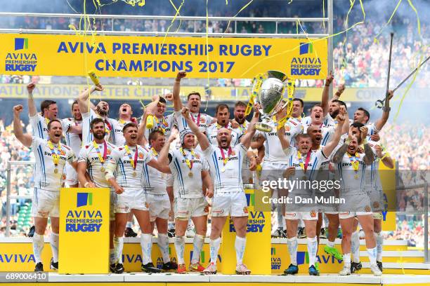 Jack Yeandle of Exeter Chiefs and Gareth Steenson of Exeter Chiefs lift The Aviva Premiership trophy after the Aviva Premiership Final between Wasps...