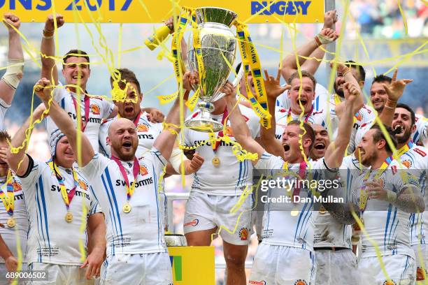 Jack Yeandle of Exeter Chiefs and Gareth Steenson of Exeter Chiefs lift The Aviva Premiership trophy after the Aviva Premiership Final between Wasps...