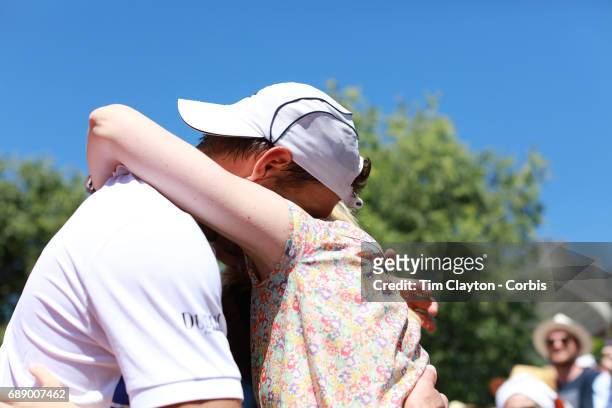 French Open Tennis Tournament - Paul-Henri Mathieu of France with his partner Quiterie and son Gabriel after his victory against Denis Kudla of the...