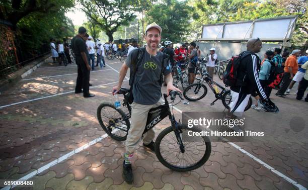 Andy Singer, Cartoonist from Unites States of America participates in Bike-a-thon on the eve of Mumbai's first ever Car Free Day in South Mumbai.