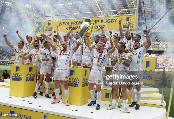 Jack Yeandle of Exeter Chiefs and Gareth Steenson of Exeter Chiefs lift The Aviva Premiership trophy after the Aviva Premiership Final between Wasps...