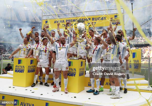 Jack Yeandle of Exeter Chiefs and Gareth Steenson of Exeter Chiefs lift The Aviva Premiership trophy after the Aviva Premiership Final between Wasps...