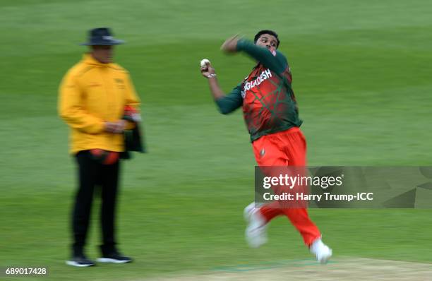 Mashrafe Mortaza of Bangladesh bowls during the ICC Champions Trophy Warm-up match between Bangladesh and Pakistan at Edgbaston on May 27, 2017 in...