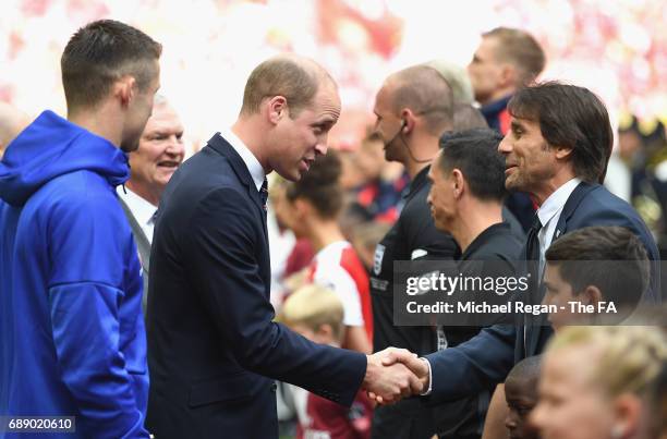 Prince William shakes hands with Antonio Conte, Manager of Chelsea during the Emirates FA Cup Final between Arsenal and Chelsea at Wembley Stadium on...