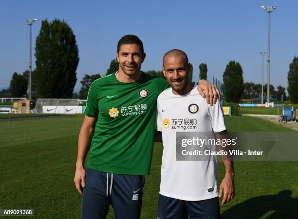 Juan Pablo Carrizo and Rodrigo Sebastian Palacio of FC Internazionale pose for a photo during FC Internazionale training session at Suning Training...