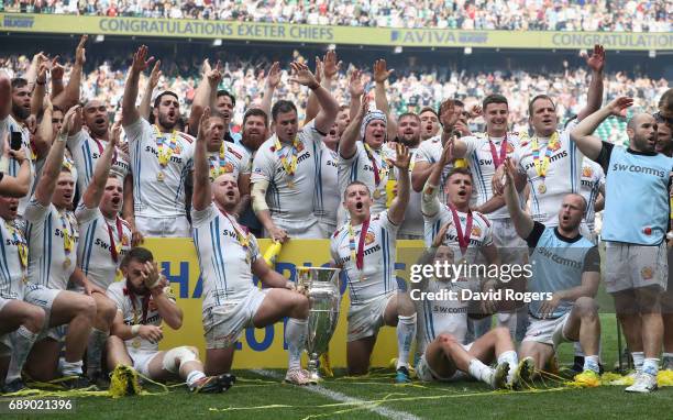 Exeter Chiefs celebrate their victory during the Aviva Premiership match between Wasps and Exeter Chiefs at Twickenham Stadium on May 27, 2017 in...