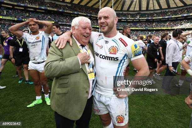 Tony Rowe OBE, Exeter Chiefs chairman and CEO celebrates with Jack Yeandle of Exeter Chiefs during the Aviva Premiership Final between Wasps and...