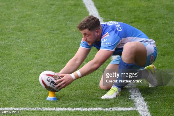 Lewis Charnock of Barrow Raiders prepares for a conversion during the Rugby League 1 Cup Final match between Barrow Raiders and North Wales at...