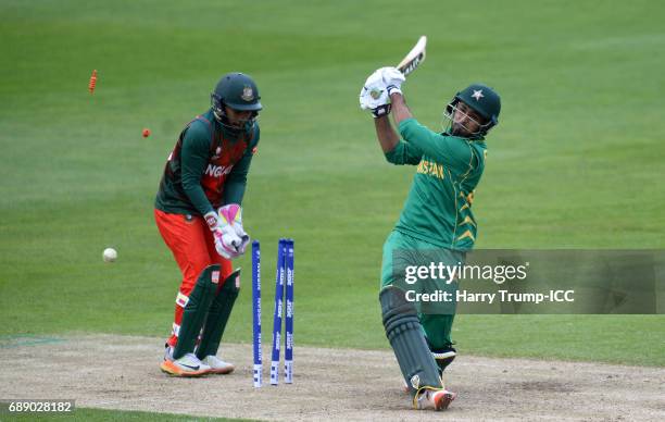 Fahim Ashraf of Pakistan is bowled, however on a free hit delivery and therefore not out during the ICC Champions Trophy Warm-up match between...